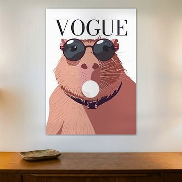 stylish wearing sunglasses blowing pink bubble gum vogue poster