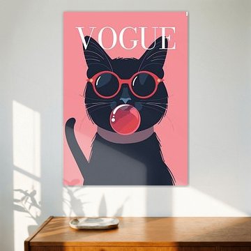black cat stylish wearing sunglasses blowing pink bubble gum vogue poster by Cross