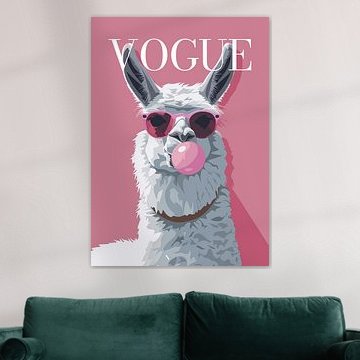 lllama stylish wearing sunglasses blowing pink bubble gum vogue poster