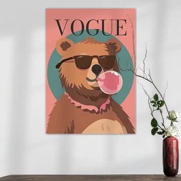 Bear stylish wearing sunglasses blowing pink bubble gum vogue poster