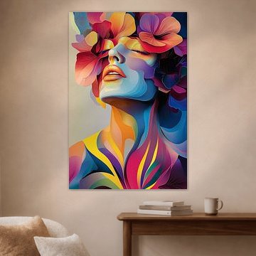 Kleurrijk portret dame met bloemen van Wilma Mesman