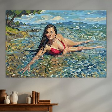« La tentation au paradis » : tableau représentant une femme dans un lagon aux eaux peu profondes et limpides