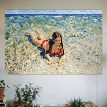 „In einer Blase am Meer“: ein sommerliches Gemälde einer Frau im roten Bikini von Dirk van der Ven