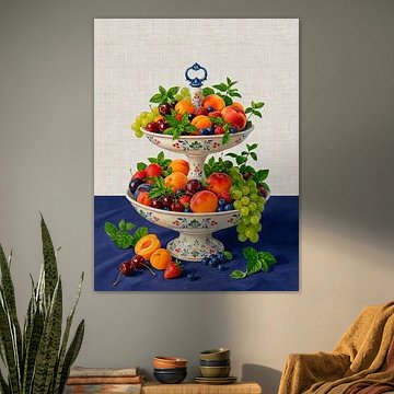 Retro still life by Boerenbont featuring summer fruit on a tiered stand by Studio Pieternel
