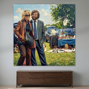 'Darling, do you see that?': a painting of a stylish couple at a vintage car boot sale by Dirk van der Ven