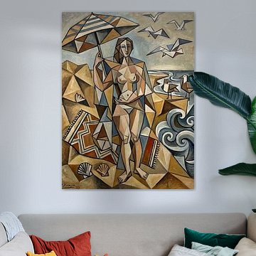 Cubist Bather with Striped Umbrella