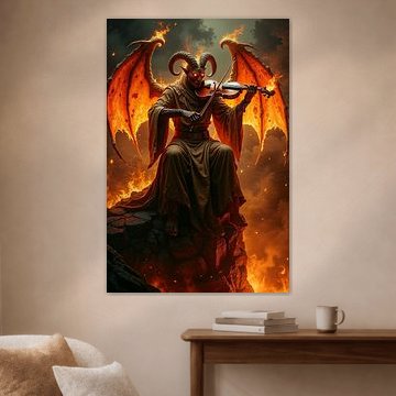 Dark Fantasy Wandbild: VYRAZKAR – Ein Dämon spielt in der Hölle auf seiner Geige von INFERAURUM