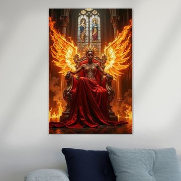 Dark Fantasy Wandbild: NAZARIEL – Die schwarze Königin des ewigen Feuers auf ihrem Thron von INFERAURUM