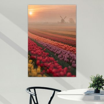 Dutch Sunrise Bloom – Fine-Art-Tulpenfeld mit Windmühle von Design Wall Arts
