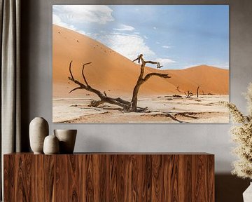 Verlaten landschap Dodevlei (Deadvlei) Namibië van Simone Janssen