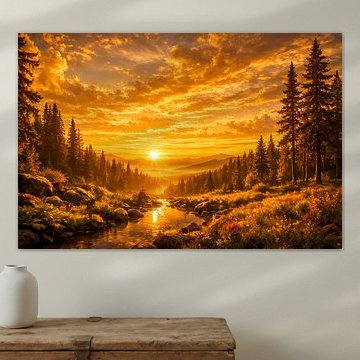 Gouden zonsopgang in de bergen – Romantisch boslandschap met een rivier