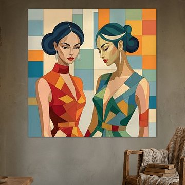 Modern portret van twee elegante vrouwen in geometrische stijl