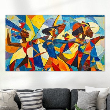 A colourful abstract artwork depicting dancing African women by STUDIO ARTSY