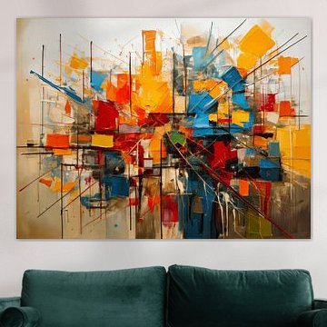 A dynamic abstract composition with vibrant colours "Stad bij avond"