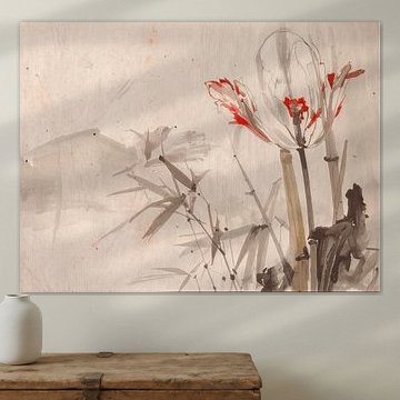 Zen Art. Fleur minimaliste parmi des bambous aux teintes neutres sur Studio Pieternel