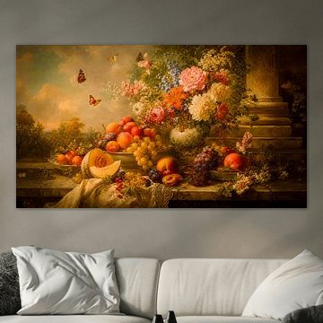 Barock-Klassik-Stillleben mit Blumen und Sommerobst
