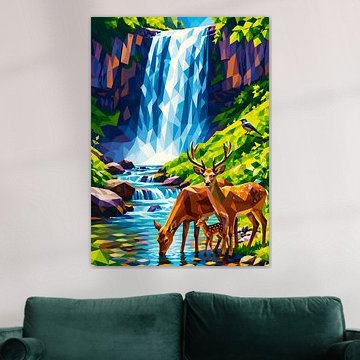 Low Poly Deer Family Waterfall Scene by Dico Hendry