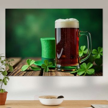 Dunkles Bier im Krug mit Koboldmütze und Kleeblättern von Markus Gann