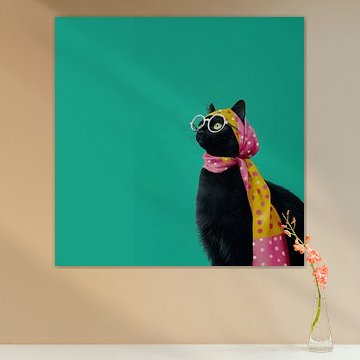 Elegante zwarte kat met sjaal en bril in retrostijl, vol charme en vintage elegantie van Floral Abstractions