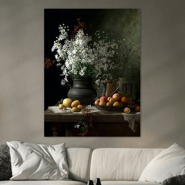 Floral Still Life with Daisies and Fruit