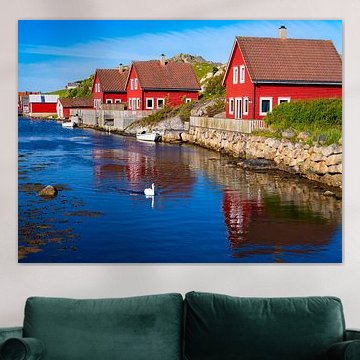 Red cottages with a swan near Eigerøy by Willemijn Wolthaus