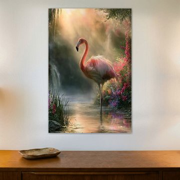 Flamant rose et fleurs tropicales sur Gelissen Artworks
