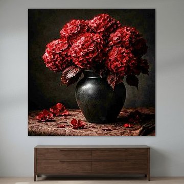 Bloed rode Hortencia en stenen pot van Harmannus Sijbring