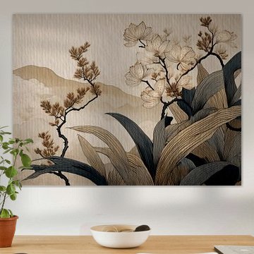 Japandi Botanisch. Berglandschaft mit blühendem Zweig in neutralen Farbtönen