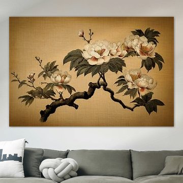 Botanische Pfingstrosen im japanischen Vintage-Stil