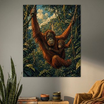 Orang-Utan-Mutter und Kind über dem verlorenen Dschungel von Dodik Hariyono