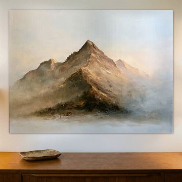 Sommets montagneux dans la brume matinale – Peinture de paysage moderne et pleine d'ambiance
