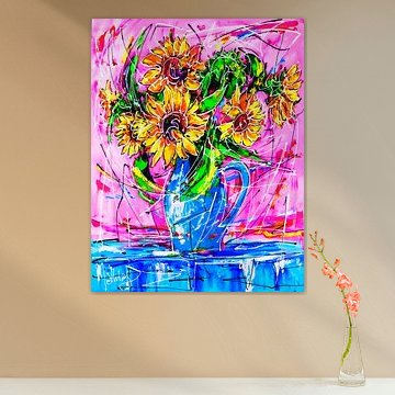 Stillleben mit Sonnenblume in blauem Krug von Kleine Atelier