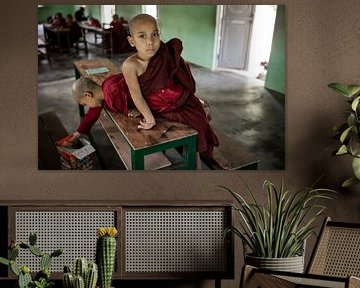 BAGHAN, MYANMAR DECEMBER 12, 2015 - Chinese young monk in school class at buddhist monastery.  by Wout Kok