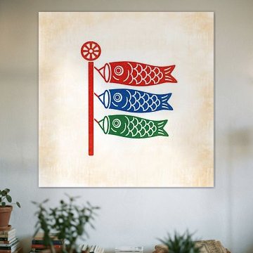 Peinture japonaise représentant des koinobori sur papier ancien sur febri anto
