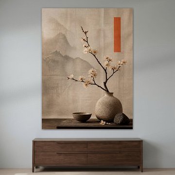 Japandi-Stillleben mit Blütenzweig vor einem Hintergrund aus japanischer Seide