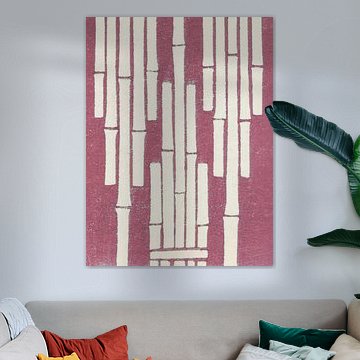 Vintage-Holzschnitt aus Japan: Minimalistisches Bambusmuster in Korallenrot