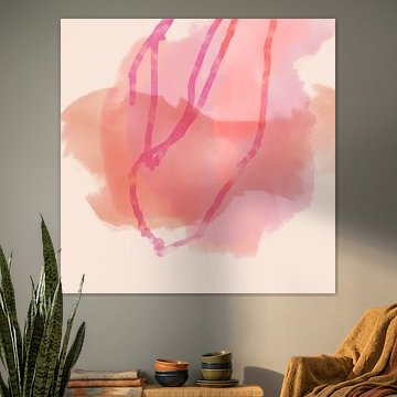 Pink shapes and lines. Colorful abstract painting in pastel colors.