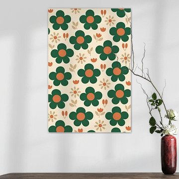 Groene Retro Bloemen met Oranje Hart Poster