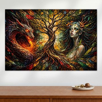 Dragon, woman and tree of life