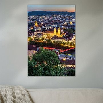 Grazer Mariahilferkirche und Murinsel am Abend von Melanie Viola