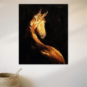 Golden Horse in Shadow – Chiaroscuro Equine Painting by RAMYHEFNY-GALLERY