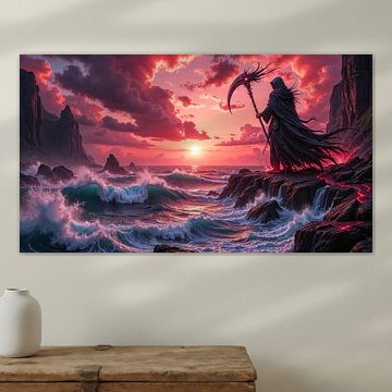 Dark Fantasy Art Wandbild: MORTAVEN - Der Sensenmann blickt auf den Sonnenuntergang von INFERAURUM - Dark Fantasy Wall Art