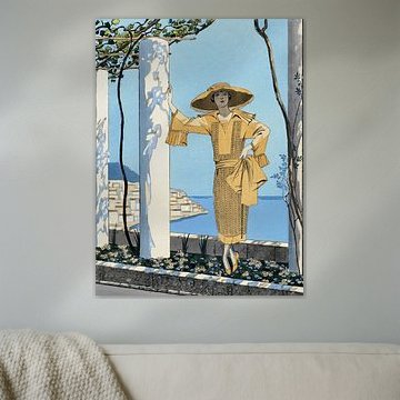 Art Deco mode illustratie met elegante Vrouw aan de Amalfi kust.