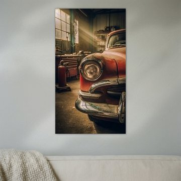 Une voiture de collection rouge dans un hangar d'avions historiques – Concept de restauration automobile