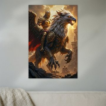 Dark Fantasy Art Wandbild: VALKARYON - Ein Ritter reitet auf einem Griffin von INFERAURUM - Dark Fantasy Wall Art