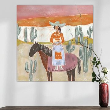 Desert Serenity - Cowgirl met paard in de woestijn | Moderne western kunst met cactussen van Bianca ter Riet