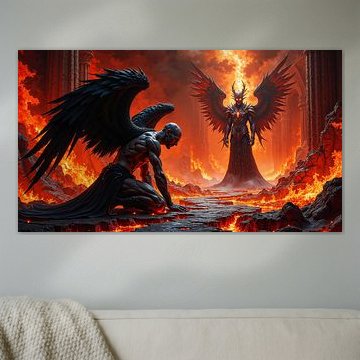 Dark Fantasy Décoration Murale: AZRAKIEL - Un ange déchu s’agenouille devant Lucifer sur INFERAURUM - Dark Fantasy Wall Art