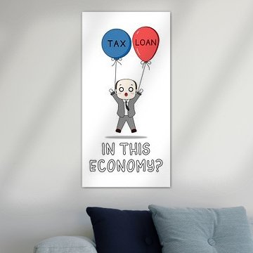 In deze economische situatie: belastingen en leningen – grappige illustratie van een zakenman op een vlot van hong hong