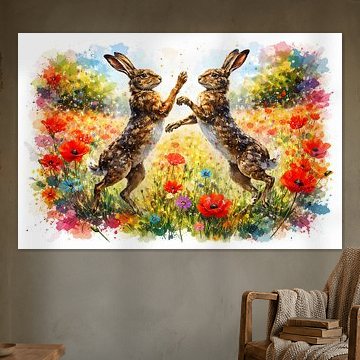 Fighting hares in a poppy field