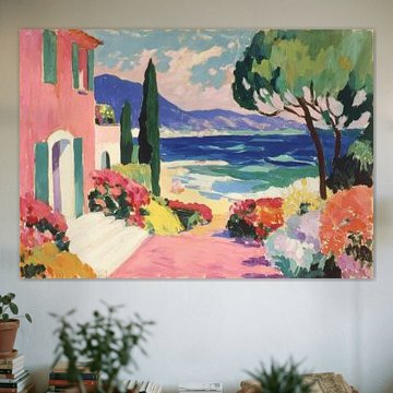 Mediterraan kustlandschap met een roze villa en bloemen van Niklas Maximilian